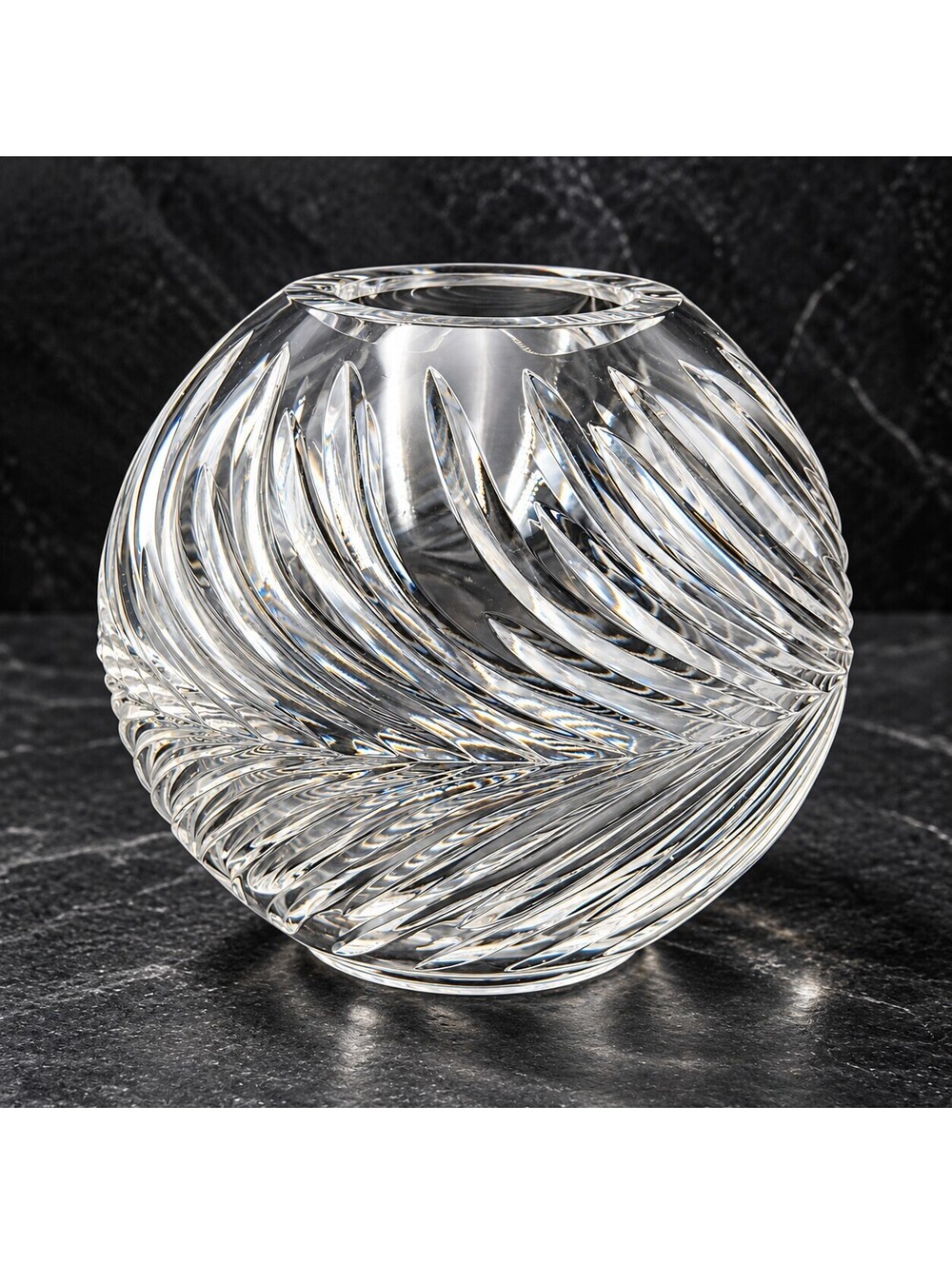 Vintage Cut Crystal Rose Bowl Vase Round Swirl Leaf Pattern 5.5"
